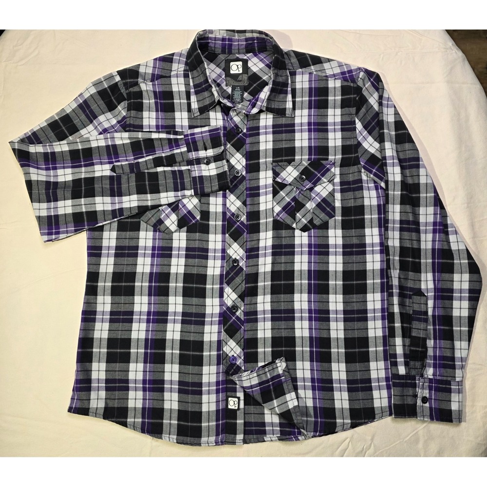 OP Ocean Pacific Plaid Button Up Shirt Men Large‎ Purple Black Skater Grunge Y2K